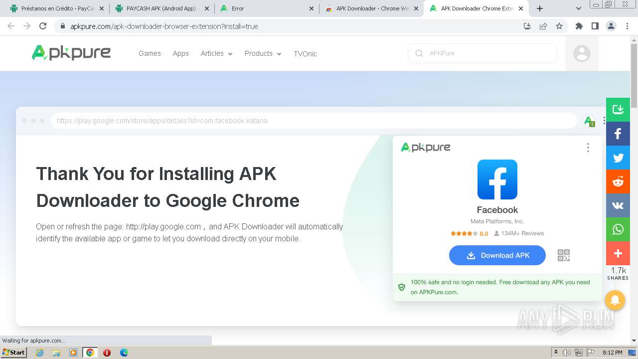 Malware analysis apkcombo.comptprestamos-en-credito-paycashcom.prestamos.paay.credito.ifectivo.oxxo.pay.cash.money.peso  Malicious activity | ANY.RUN - Malware Sandbox Online