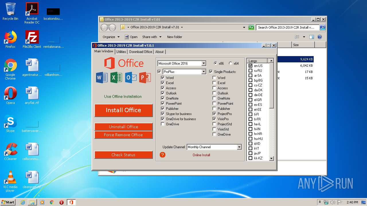 Malware analysis Office 2013-2019 C2R Install v7.01.zip Malicious activity  | ANY.RUN - Malware Sandbox Online