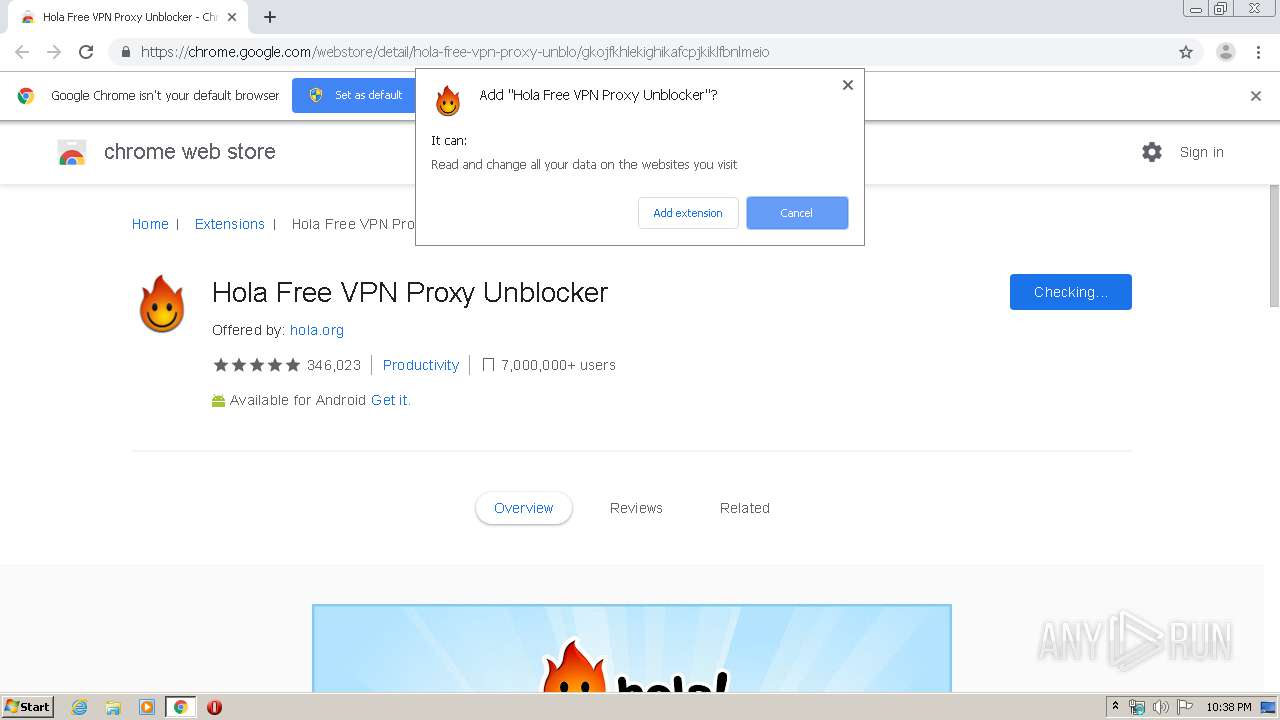 Malware analysis /webstore/detail/hola-free-vpn-proxy-unblo/gkojfkhlekighikafcpjkiklfbnlmeio  Malicious activity  - Malware Sandbox Online
