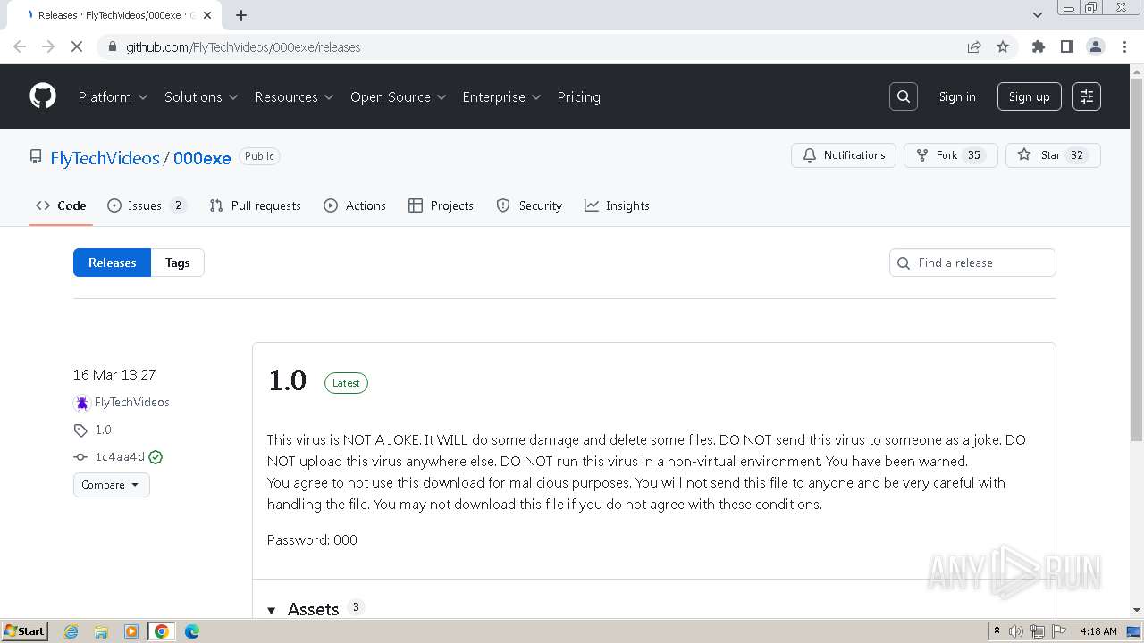 Malware analysis https://github.com/FlyTechVideos/000exe/releases ...
