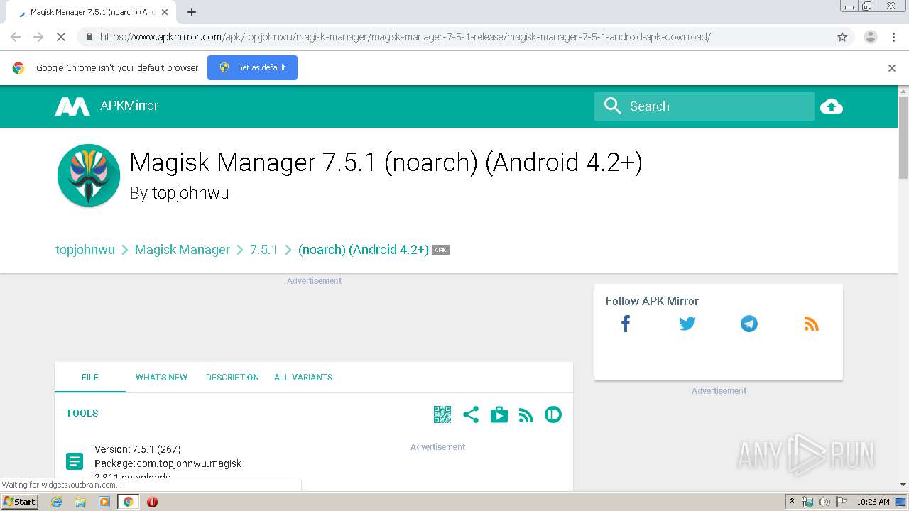 Malware analysis /apk/topjohnwu/magisk-manager/magisk-manager-7-5-1-release/magisk-manager-7-5-1-android-apk-download/  Malicious activity  - Malware Sandbox Online