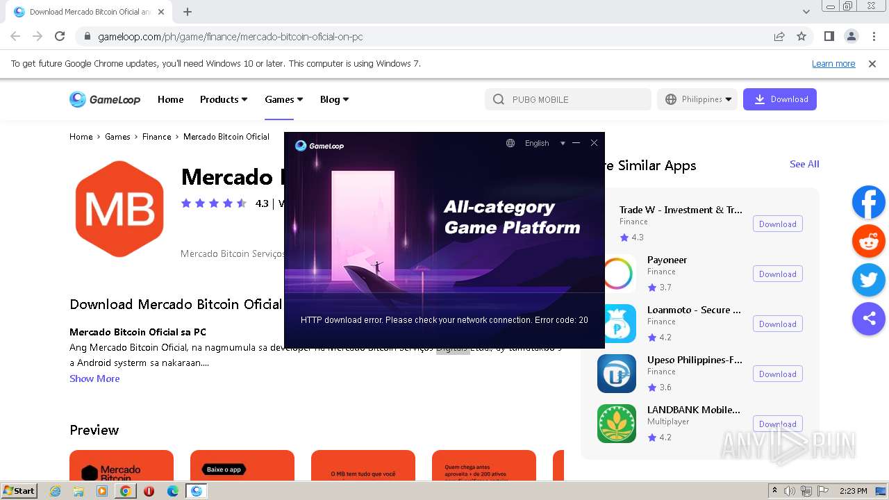 Analysis https://www.gameloop.com/ph/game/finance/mercado-bitcoin-oficial-on-pc  Malicious activity - Interactive analysis ANY.RUN