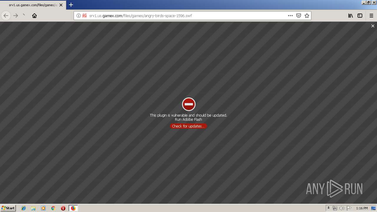 Malware analysis  http://srv1.us.gamex.com/files/games/angry-birds-space-1596.swf No threats  detected | ANY.RUN - Malware Sandbox Online