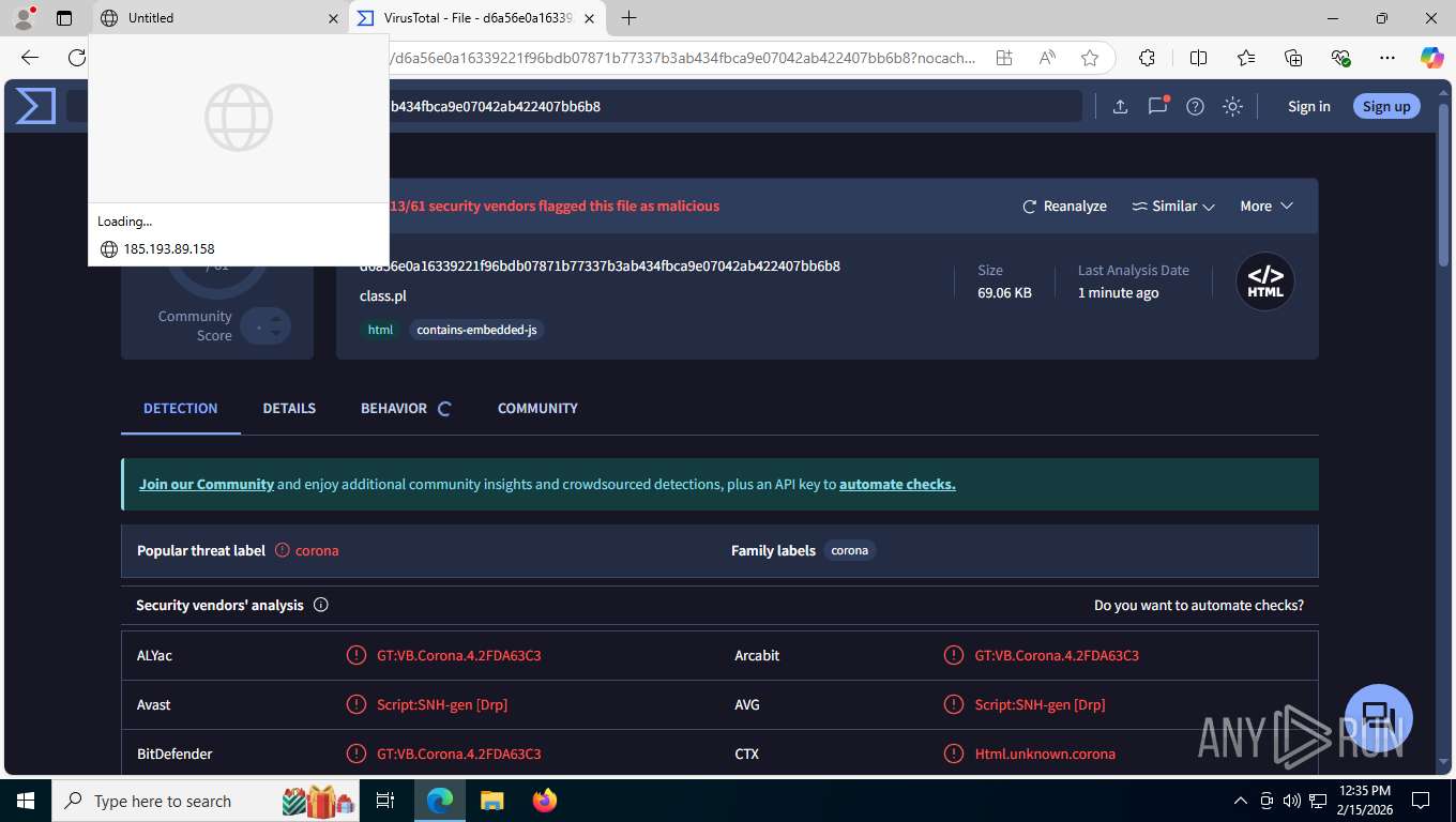 Analysis http://185.0xC1.0x59.0x9E/class.pl Malicious activity ...