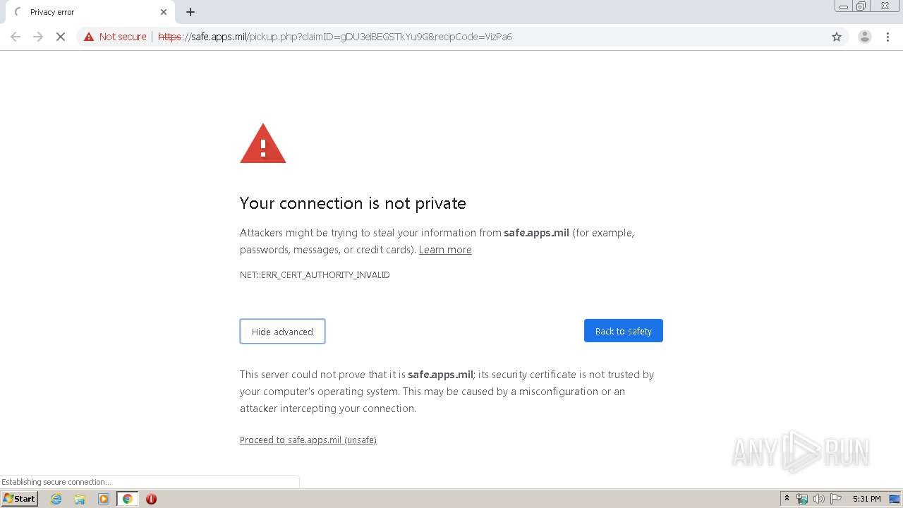 Analysis https//safe.apps.mil/pickup.php?claimID=gDU3eiBEGSTkYu9G