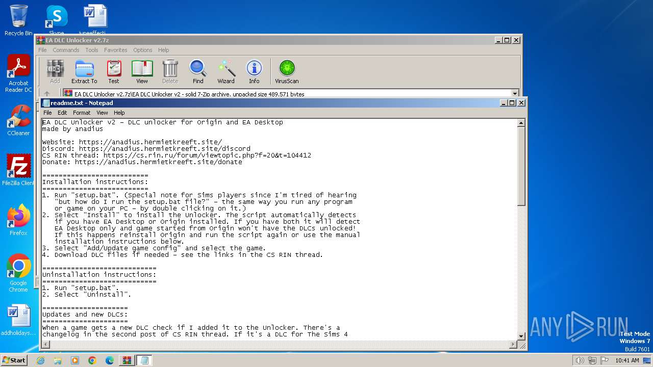 Malware analysis EA DLC Unlocker v2.7z Malicious activity ANY.RUN Malware Sandbox Online