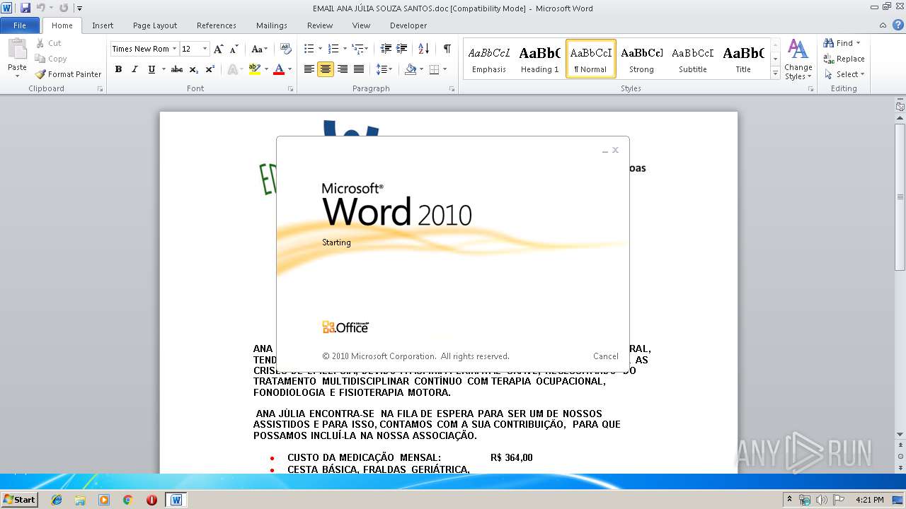 Malware analysis EMAIL ANA JÚLIA SOUZA SANTOS.doc No threats detected |  ANY.RUN - Malware Sandbox Online