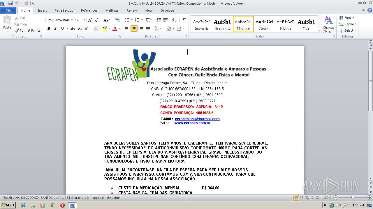Malware analysis EMAIL ANA JÚLIA SOUZA SANTOS.doc No threats detected |  ANY.RUN - Malware Sandbox Online