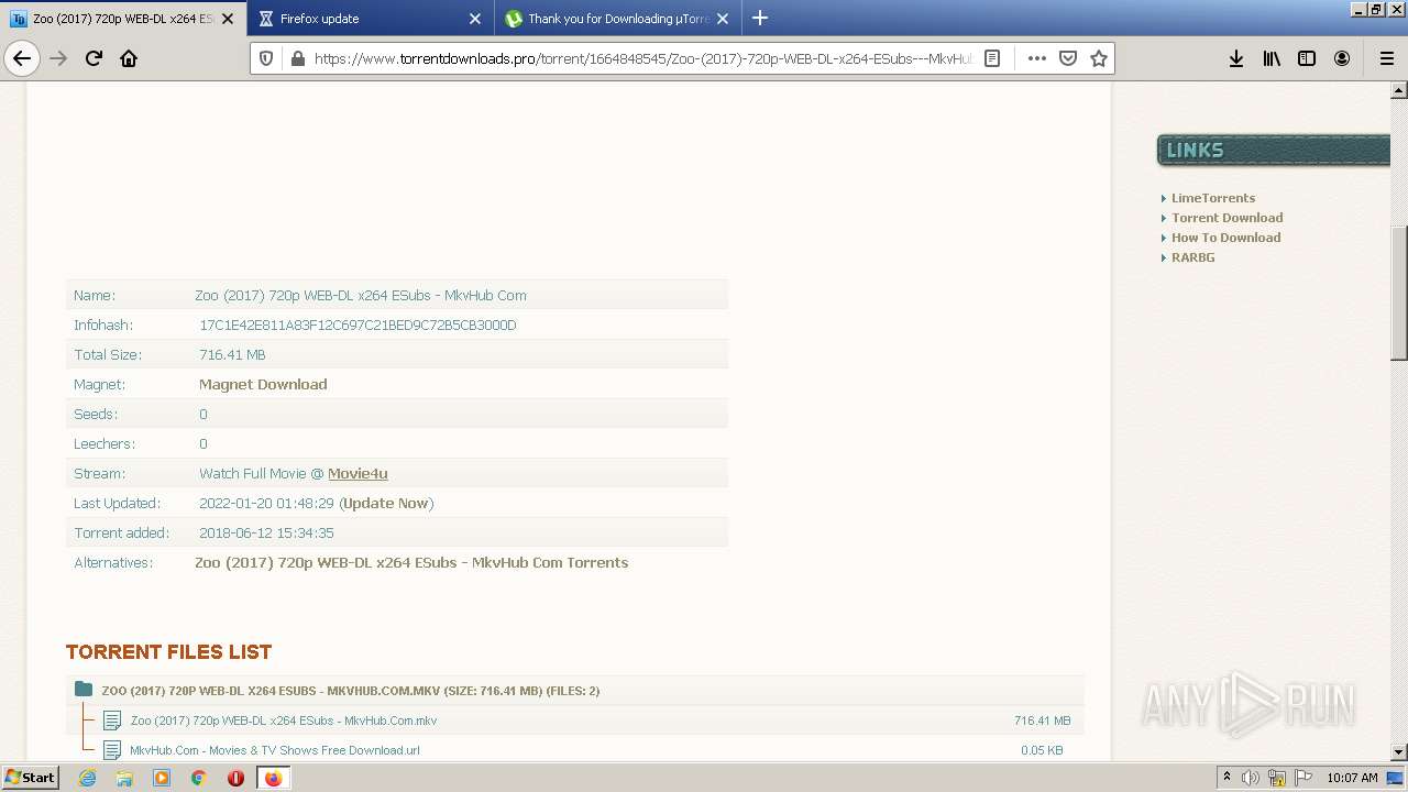 Malware analysis https://www.torrentdownloads.pro/torrent/1664848545/Zoo-%282017%29-720p-WEB-DL-x264-ESubs---MkvHub-Com  Malicious activity | ANY.RUN - Malware Sandbox Online