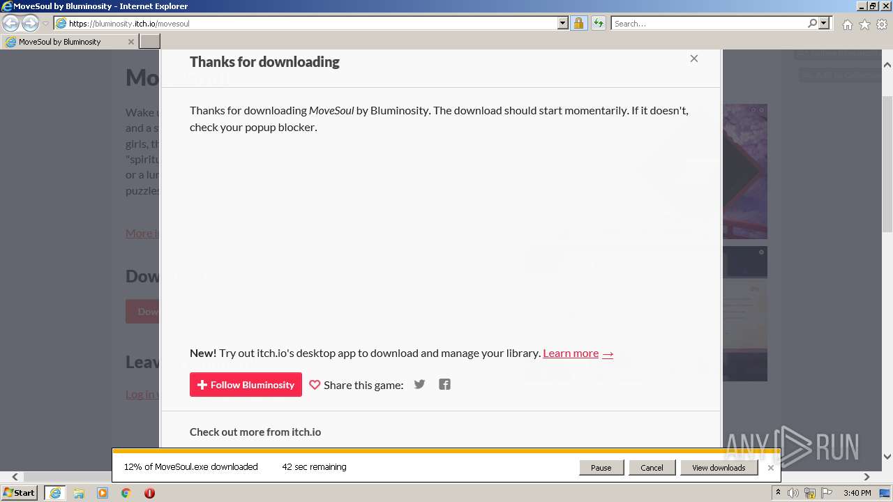 https://bluminosity.itch.io/movesoul | ANY.RUN - Free Malware Sandbox Online