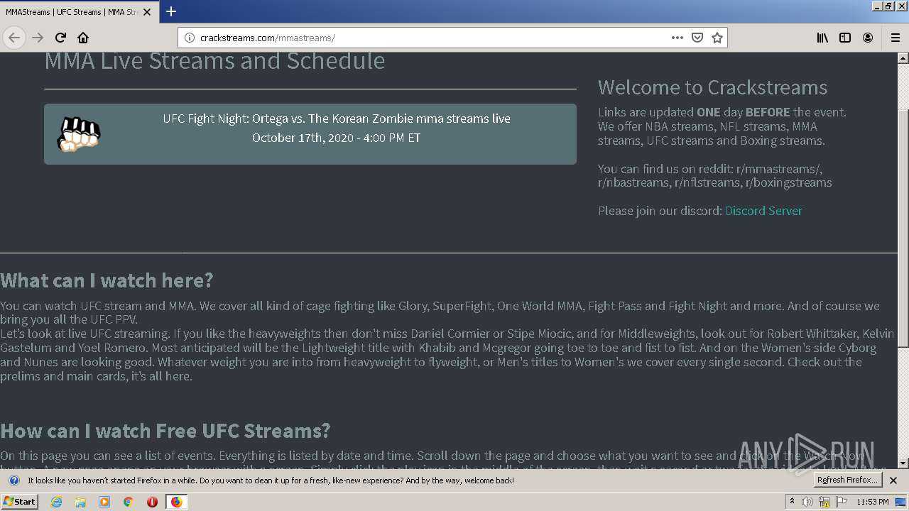 Malware analysis http crackstreams mmastreams Malicious activity ANY.RUN Malware Sandbox Online