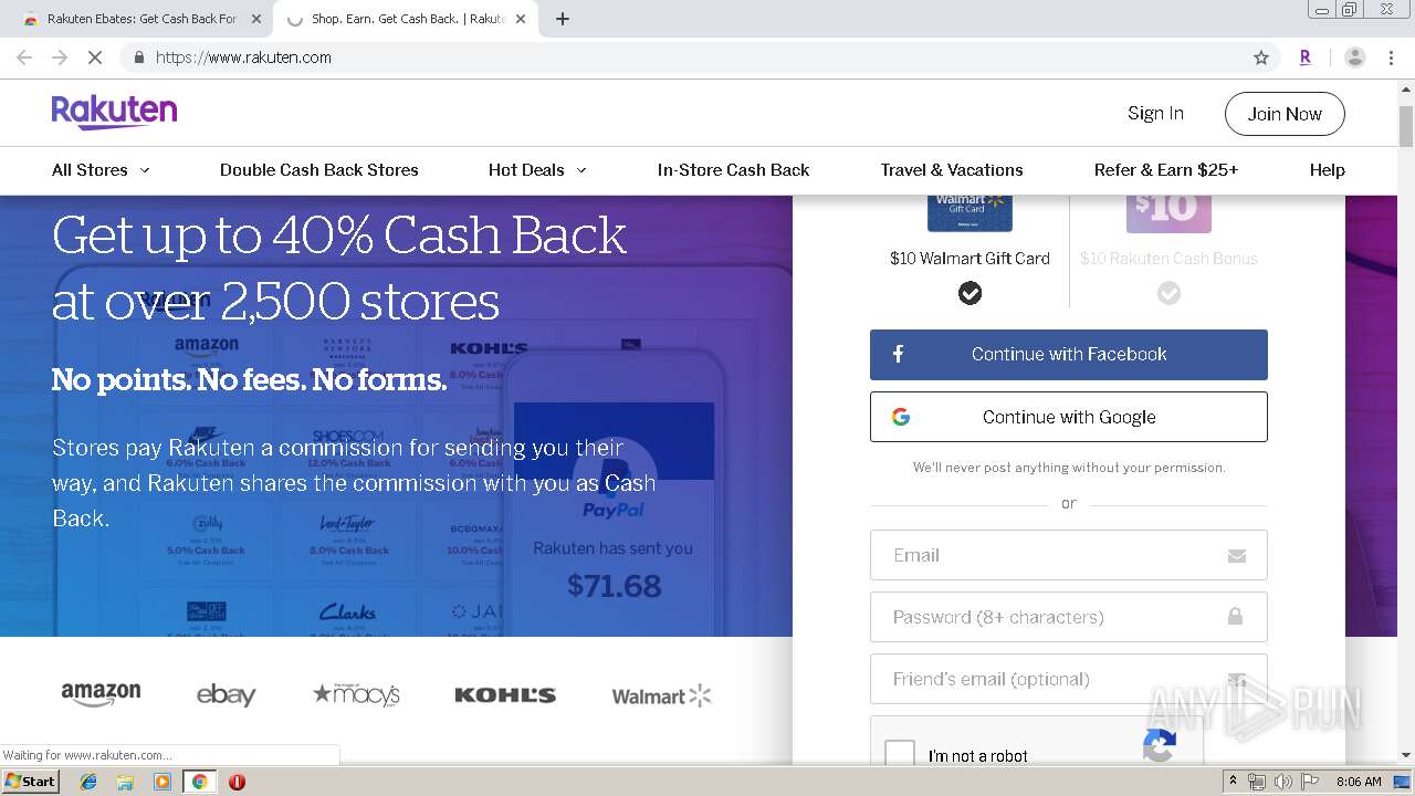 Malware analysis https chrome.google webstore detail rakuten ebates get cash b chhjbpecpncaggjpdakmflnfcopglcmi Malicious activity ANY.RUN Malware Sandbox Online