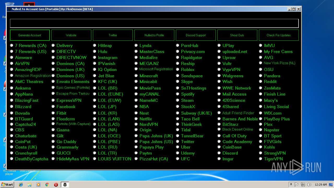 Malware analysis Nulled.to Account Gen [Portable] BETA.exe No threats  detected | ANY.RUN - Malware Sandbox Online