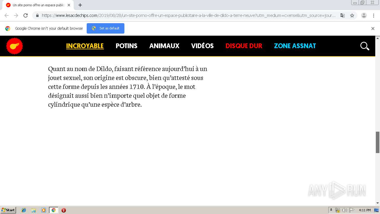 Malware analysis https://www.lesacdechips.com/2019/08/28/un-site-porno-offre-un-espace-publicitaire-a-la-ville-de-dildo-a-terre-neuve?utm_medium=cxense&utm_source=journaldequebec.com&utm_campaign=reco#cxrecs_s  No threats detected | ANY.RUN - Malware ...