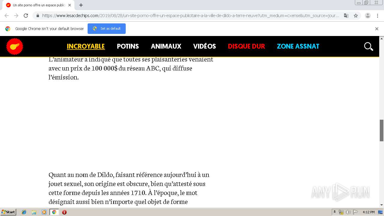 Malware analysis https://www.lesacdechips.com/2019/08/28/un-site-porno-offre-un-espace-publicitaire-a-la-ville-de-dildo-a-terre-neuve?utm_medium=cxense&utm_source=journaldequebec.com&utm_campaign=reco#cxrecs_s  No threats detected | ANY.RUN - Malware ...