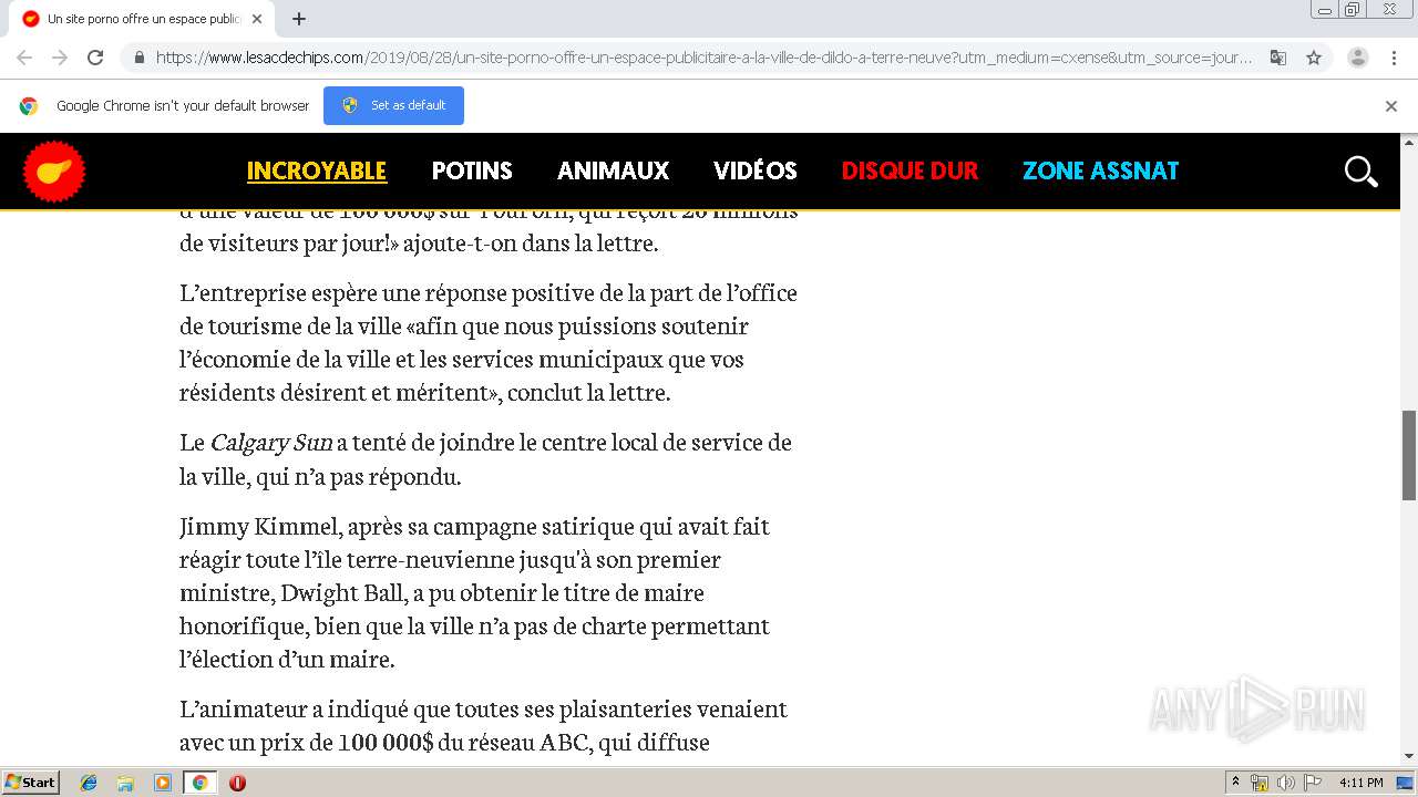 Malware analysis https://www.lesacdechips.com/2019/08/28/un-site-porno-offre-un-espace-publicitaire-a-la-ville-de-dildo-a-terre-neuve?utm_medium=cxense&utm_source=journaldequebec.com&utm_campaign=reco#cxrecs_s  No threats detected | ANY.RUN - Malware ...