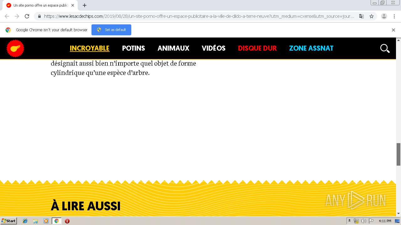 Malware analysis https://www.lesacdechips.com/2019/08/28/un-site-porno-offre-un-espace-publicitaire-a-la-ville-de-dildo-a-terre-neuve?utm_medium=cxense&utm_source=journaldequebec.com&utm_campaign=reco#cxrecs_s  No threats detected | ANY.RUN - Malware ...