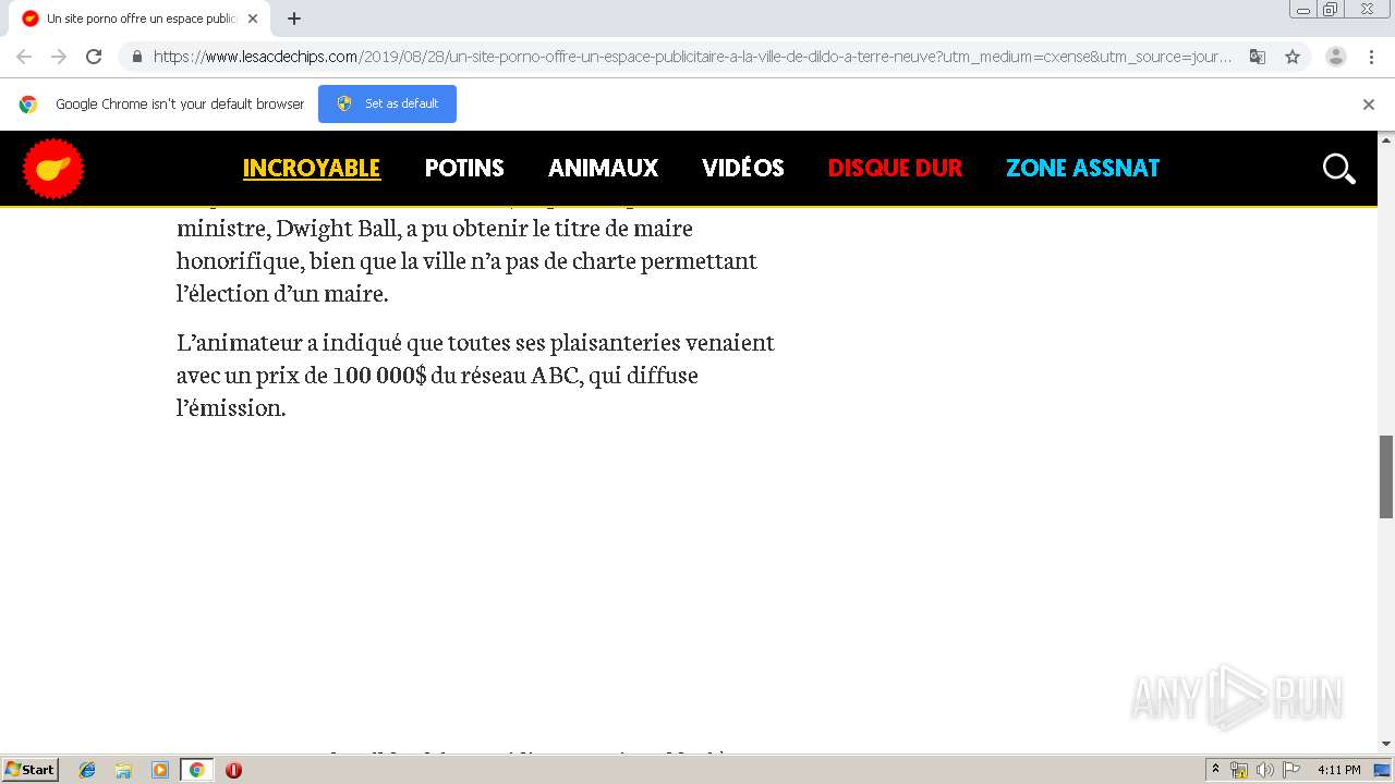 Malware analysis  https://www.lesacdechips.com/2019/08/28/un-site-porno-offre-un-espace-publicitaire-a-la-ville-de-dildo-a-terre-neuve?utm_medium=cxense&utm_source=journaldequebec.com&utm_campaign=reco#cxrecs_s  No threats detected | ANY.RUN - Malware ...