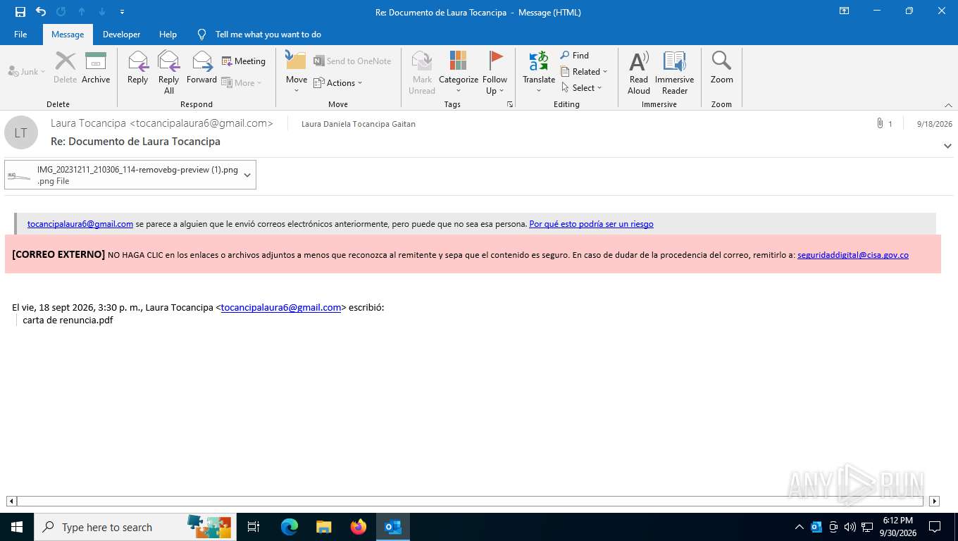 Malware analysis Re Documento de Laura Tocancipa.msg No threats ...