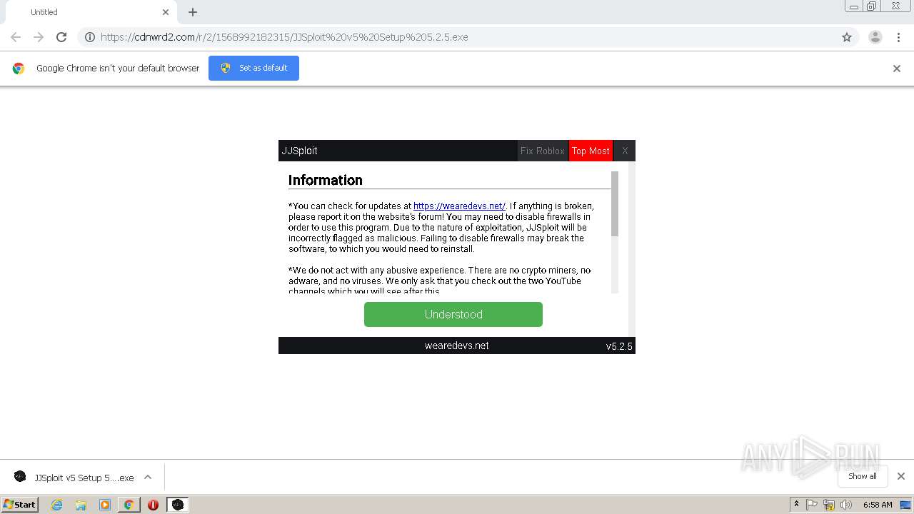 Malware analysis https://cdnwrd2.com/r/2/1568992182315/JJSploit%20v5%20Setup%205.2.5.exe  Malicious activity | ANY.RUN - Malware Sandbox Online