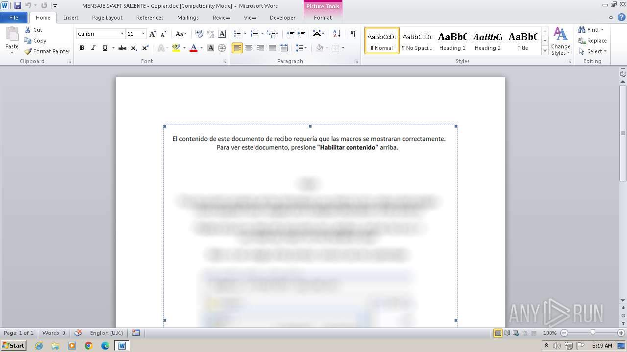 Malware analysis MENSAJE SWIFT SALIENTE - Copiar.doc Malicious activity |  ANY.RUN - Malware Sandbox Online