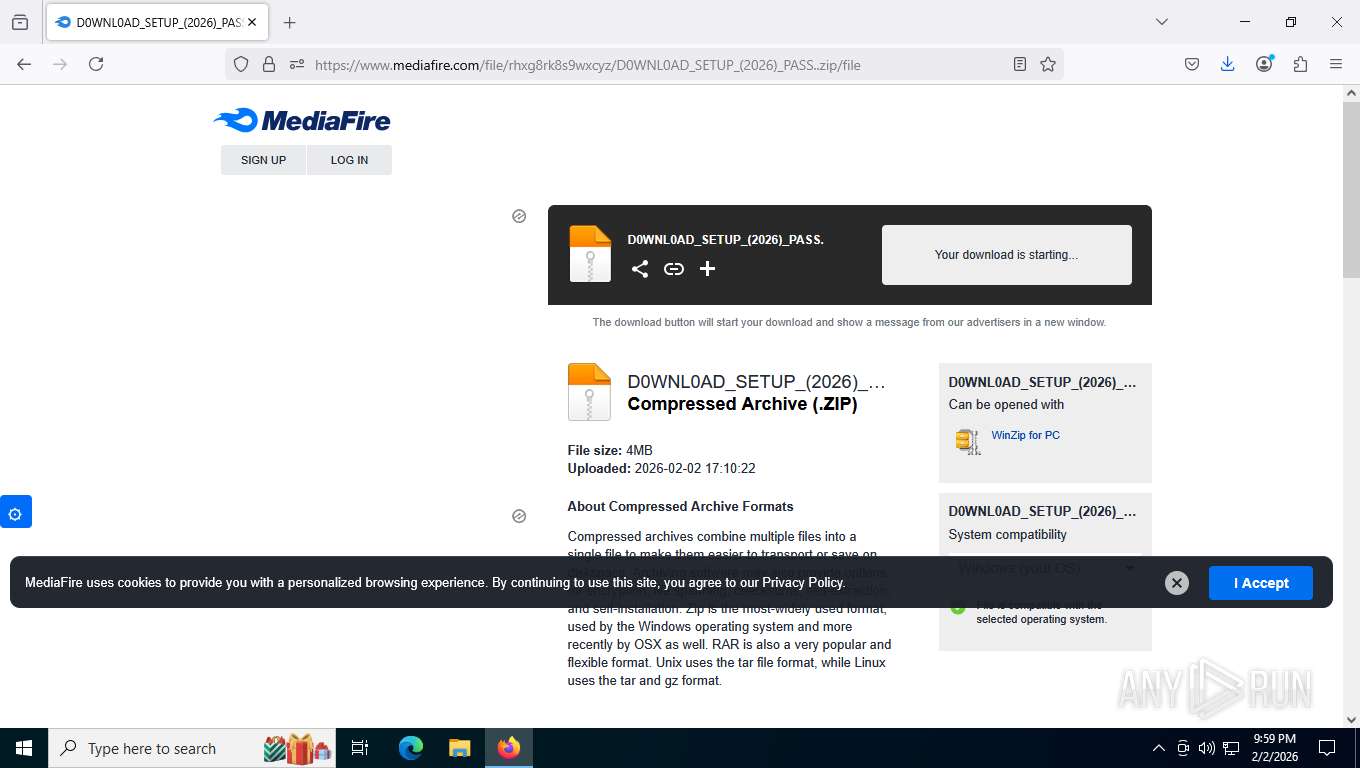 Malware analysis /file/rhxg8rk8s9wxcyz/D0WNL0AD_SETUP_(2026)_PASS..zip ...