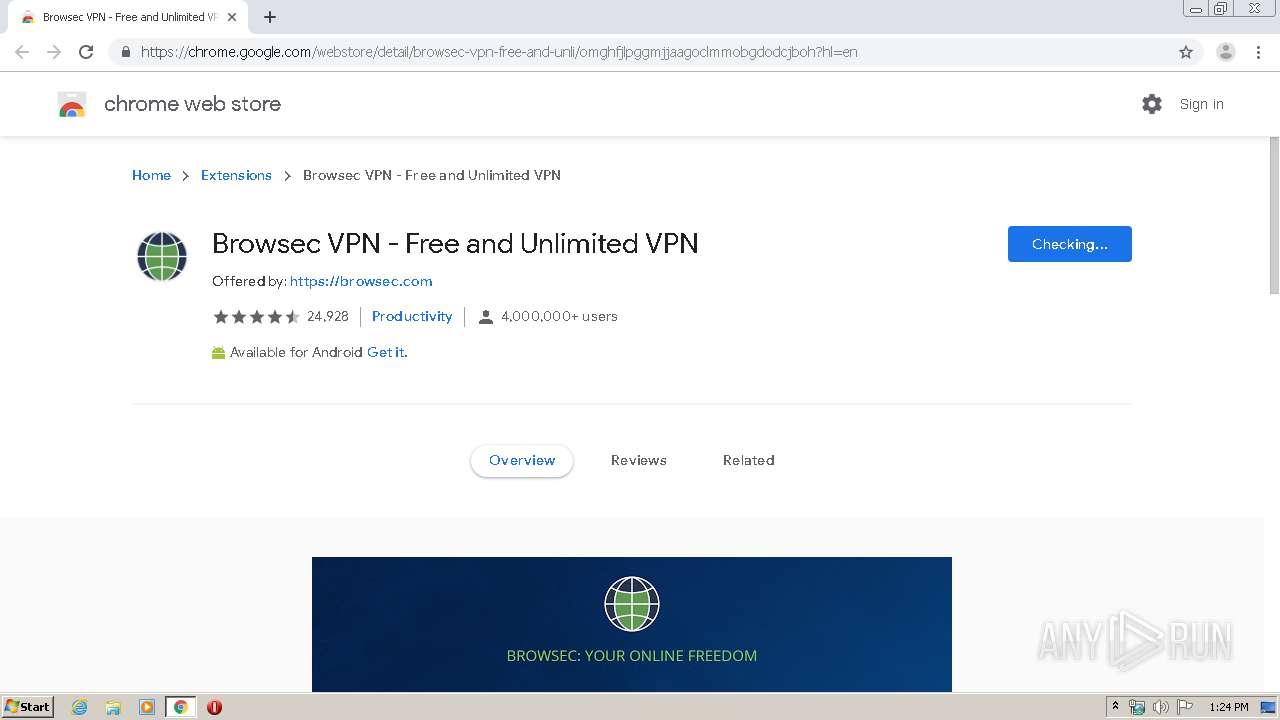 Malware analysis https://chrome.google.com/webstore/detail/browsec-vpn-free-and-unli/omghfjlpggmjjaagoclmmobgdodcjboh?hl=en  Malicious activity | ANY.RUN - Malware Sandbox Online