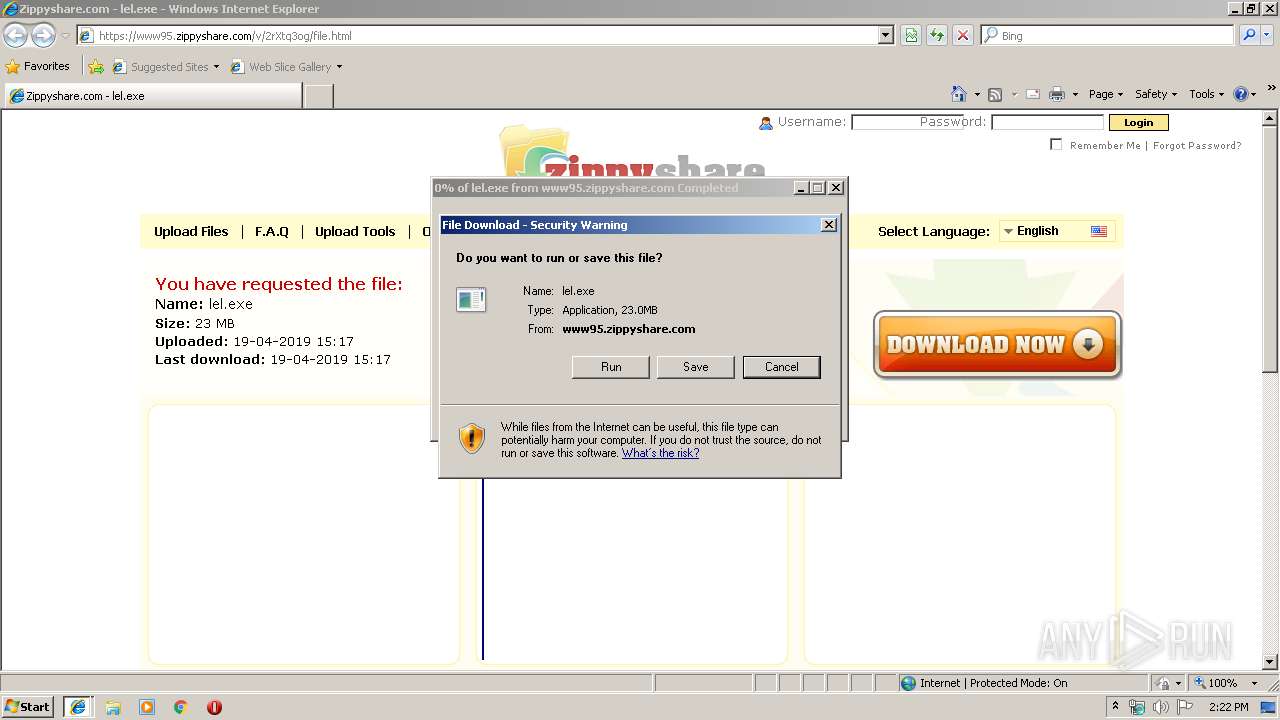 Malware analysis www95.zippyshare.comv2rXtq3ogfile.html No  threats detected | ANY.RUN - Malware Sandbox Online