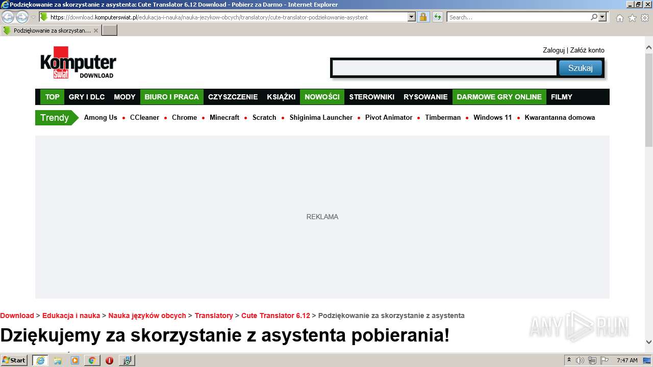 Malware analysis  https://download.komputerswiat.pl/edukacja-i-nauka/nauka-jezykow-obcych/translatory/cute-translator  Malicious activity | ANY.RUN - Malware Sandbox Online