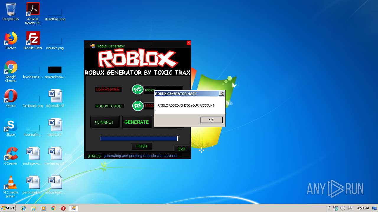 Malware analysis ROBUX GENERATOR HACK.exe Malicious activity