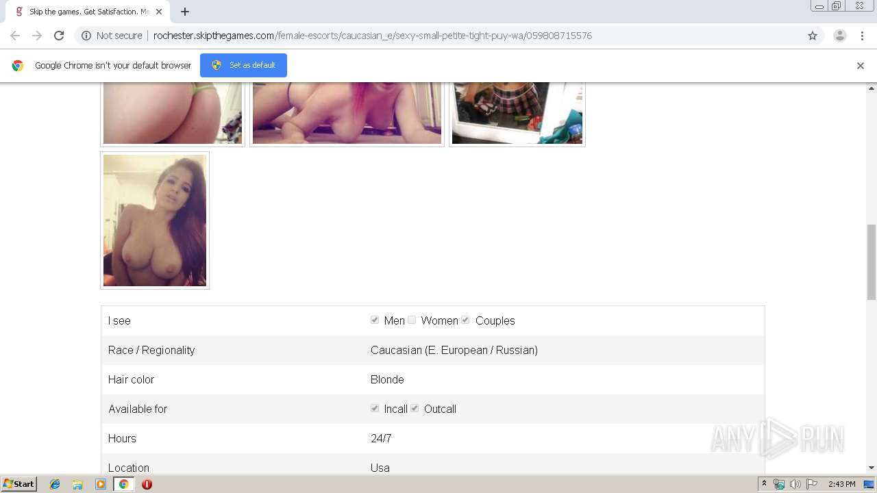 Malware analysis http://rochester.skipthegames.com/female-escorts/caucasian_e/sexy-small-petite-tight-puy-wa/059808715576  No threats detected | ANY.RUN - Malware Sandbox Online