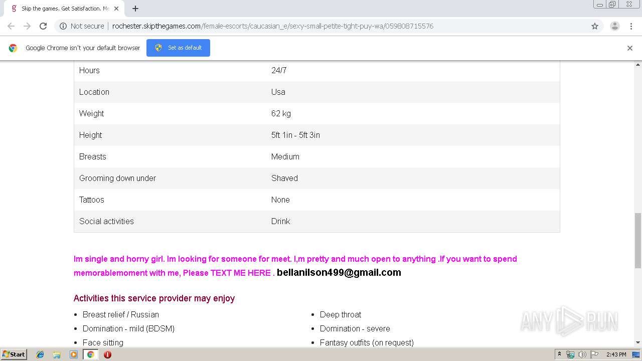 Malware analysis http://rochester.skipthegames.com/female-escorts/caucasian_e/sexy-small-petite-tight-puy-wa/059808715576  No threats detected | ANY.RUN - Malware Sandbox Online