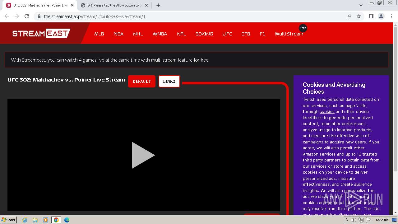 Malware analysis https://the.streameast.app/stream/ufc/ufc-302-live-stream/1  Malicious activity | ANY.RUN - Malware Sandbox Online
