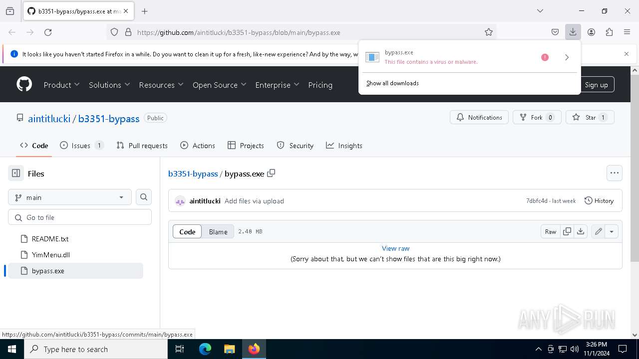 Malware analysis https://github.com/aintitlucki/b3351-bypass/blob/main ...