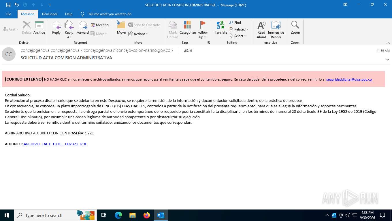 Malware analysis SOLICITUD ACTA COMISION ADMINISTRATIVA.msg Malicious ...