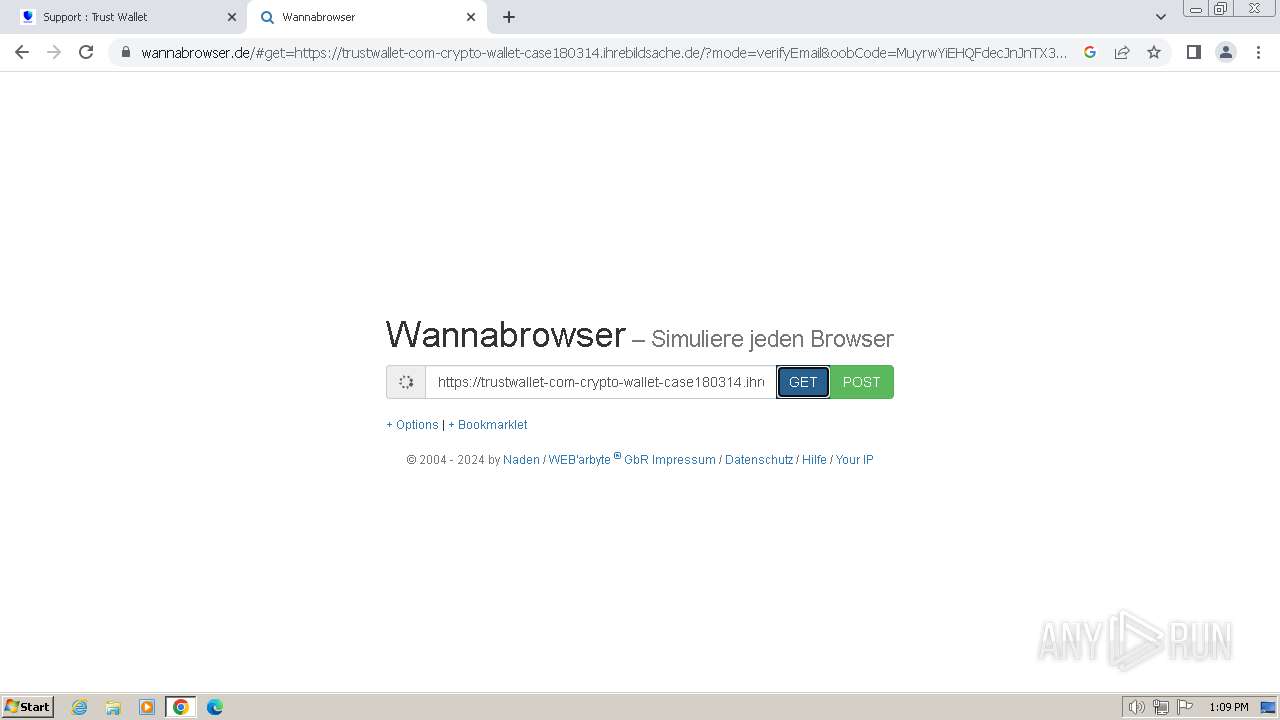 Malware analysis https://trustwallet-com-crypto-wallet-case180314.ihrebildsache.de/?mode=verifyEmail&oobCode=MuyrwYiEHQFdecJnJnTX3zXZ8KUV4UKKlQ2qMG6h7yEAAAGM1GZZNQ&apiKey=AIzaSyA0dsUZPU_W4fvvQpCDFKxq9O-dLLgKQFo&lang=en  Malicious activity | ANY.RUN ...