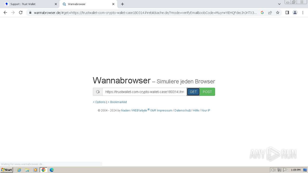Malware analysis https://trustwallet-com-crypto-wallet-case180314.ihrebildsache.de/?mode=verifyEmail&oobCode=MuyrwYiEHQFdecJnJnTX3zXZ8KUV4UKKlQ2qMG6h7yEAAAGM1GZZNQ&apiKey=AIzaSyA0dsUZPU_W4fvvQpCDFKxq9O-dLLgKQFo&lang=en  Malicious activity | ANY.RUN ...