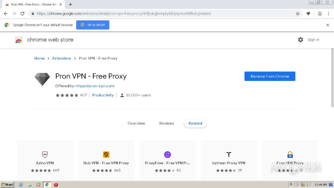 Malware analysis https://chrome.google.com/webstore/detail/pron-vpn-free- proxy/nhfjkakglbnnpkpldhjmpmmfefifedcj No threats detected | ANY.RUN -  Malware Sandbox Online