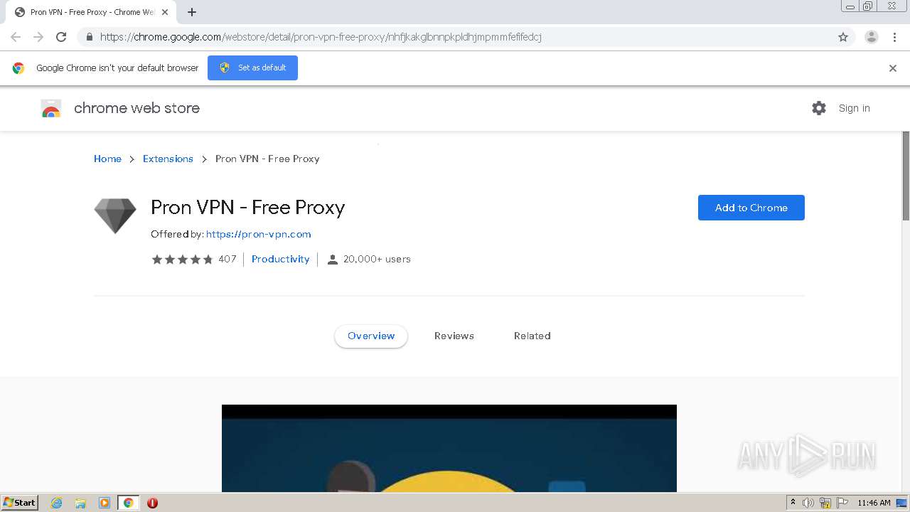 Malware analysis chrome.google.comwebstoredetailpron-vpn-free-proxynhfjkakglbnnpkpldhjmpmmfefifedcj  No threats detected | ANY.RUN - Malware Sandbox Online