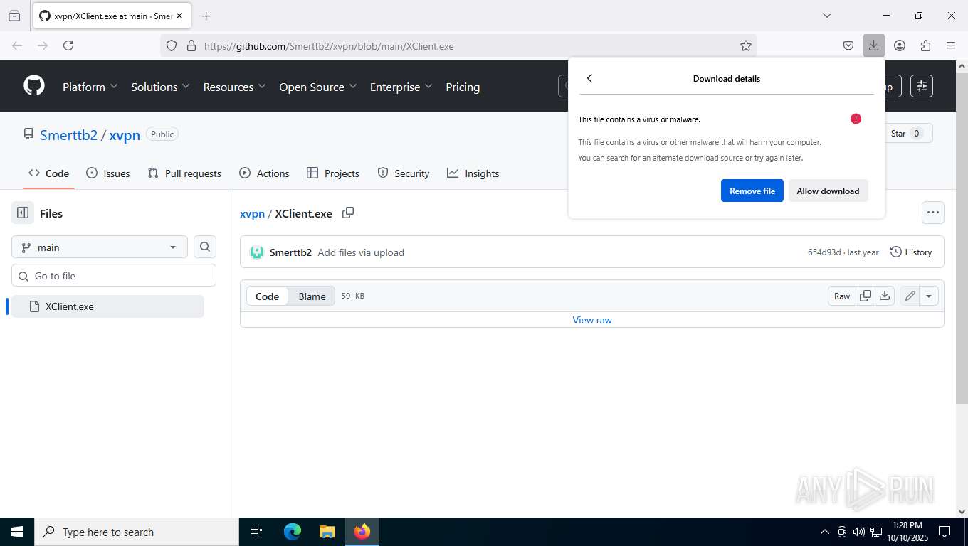 Malware analysis https://github.com/Smerttb2/xvpn/blob/main/XClient.exe ...