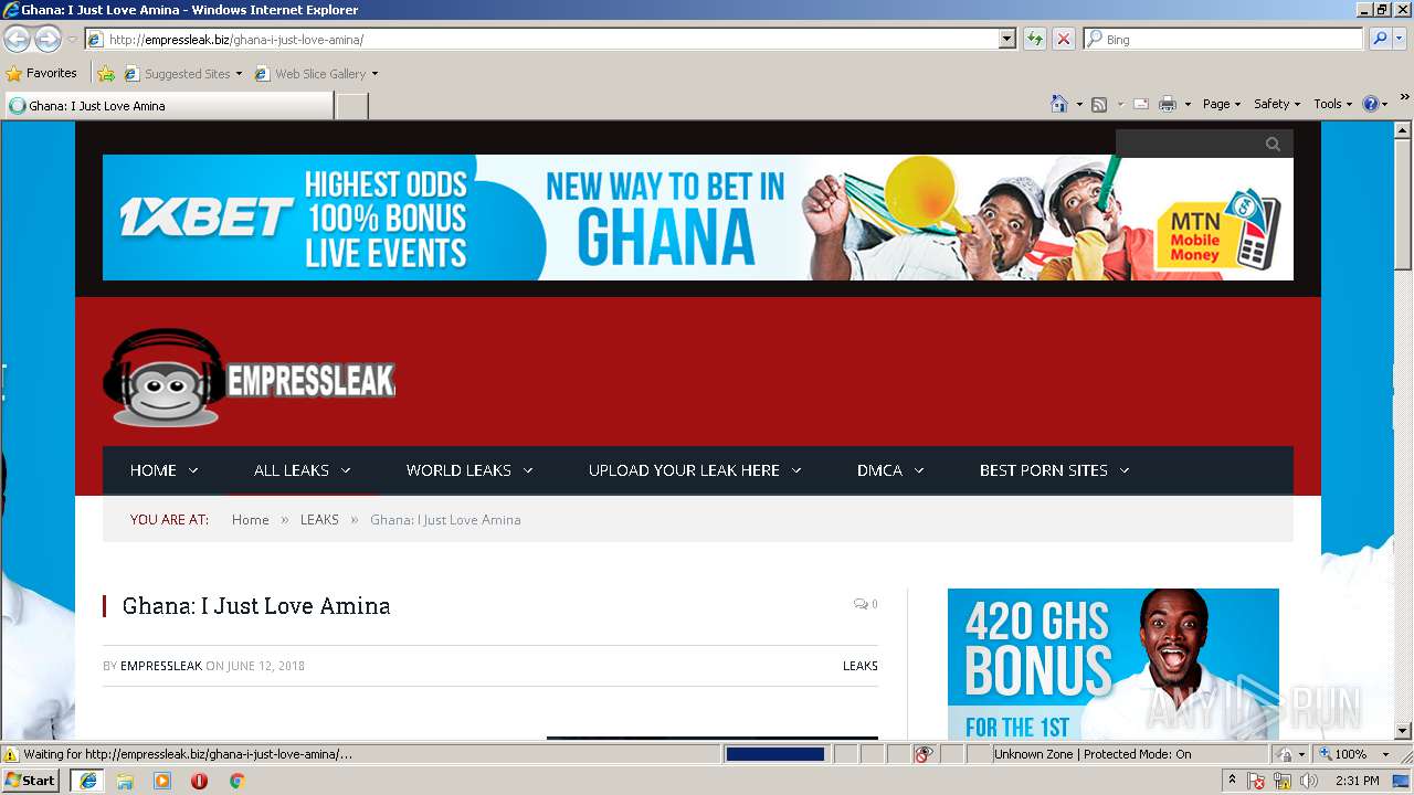 Malware analysis http://empressleak.biz/ghana-i-just-love-amina/ No threats  detected | ANY.RUN - Malware Sandbox Online