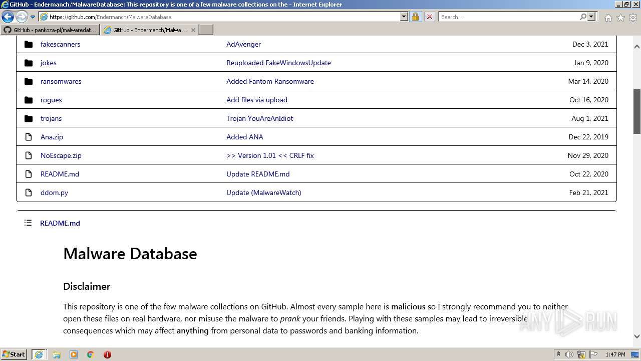 Malware analysis https://github.com/pankoza-pl/malwaredatabase ...