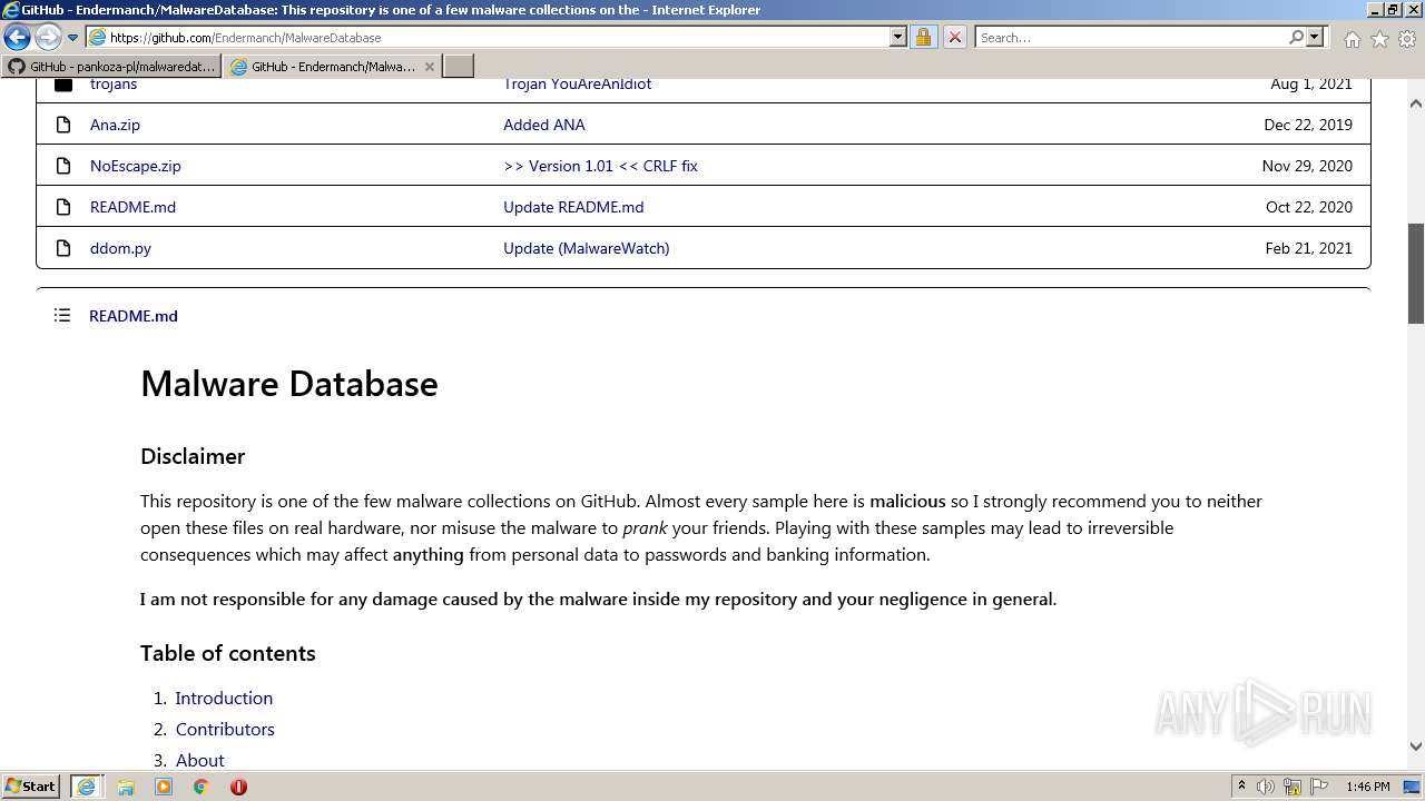 Malware analysis https://github.com/pankoza-pl/malwaredatabase ...
