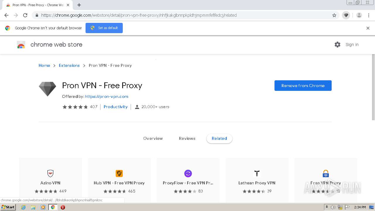 Malware analysis https://chrome.google.com/webstore/detail/pron-vpn-free-proxy/nhfjkakglbnnpkpldhjmpmmfefifedcj  No threats detected | ANY.RUN - Malware Sandbox Online