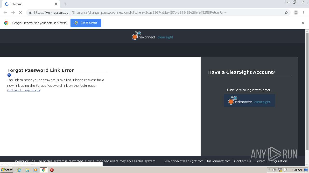 Malware analysis  https://www.csstars.com:443/Enterprise/change_password_new.cmdx?token=2dae3367-abfa-487c-b692-38e26efa4525&ReturnUrl=  No threats detected | ANY.RUN - Malware Sandbox Online