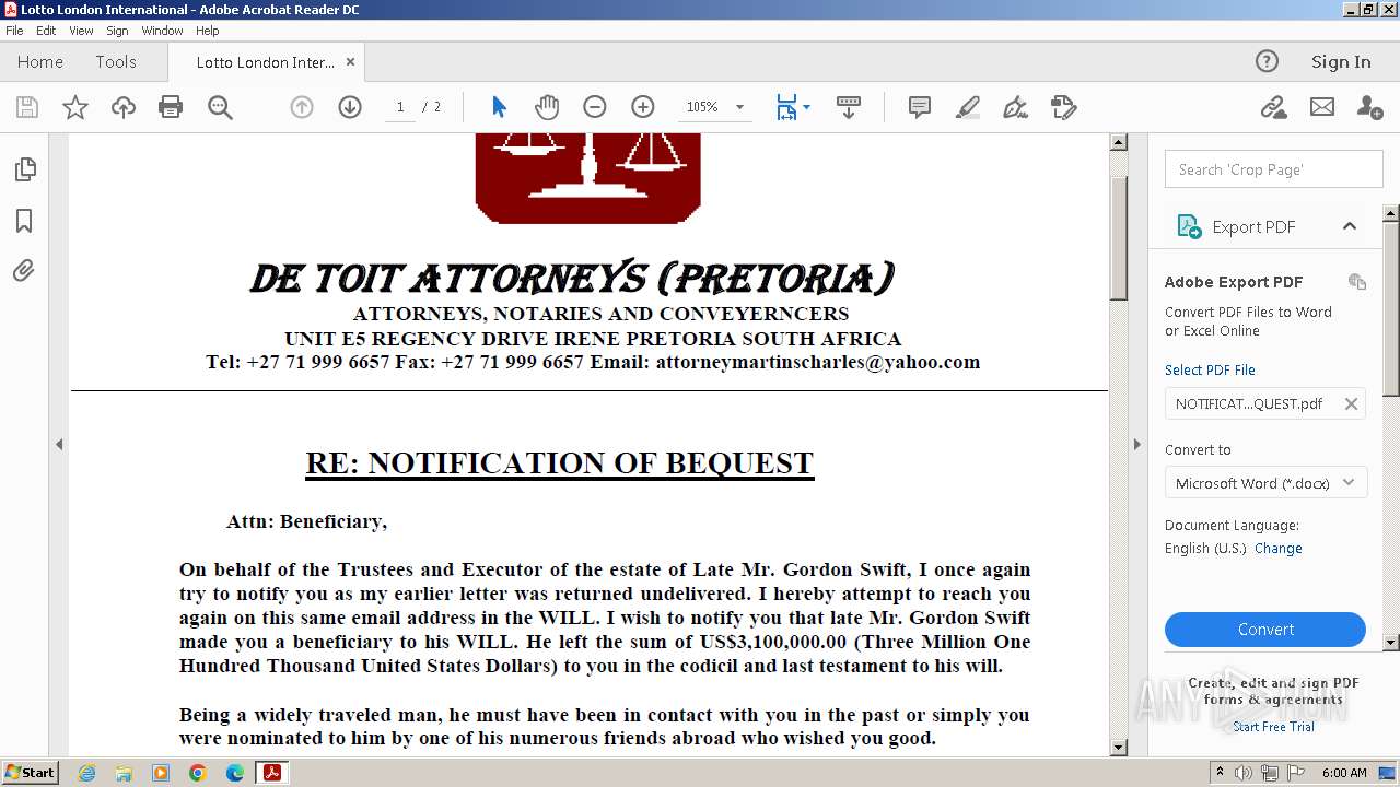 Malware analysis NOTIFICATION OF BEQUEST.pdf No threats detected ANY