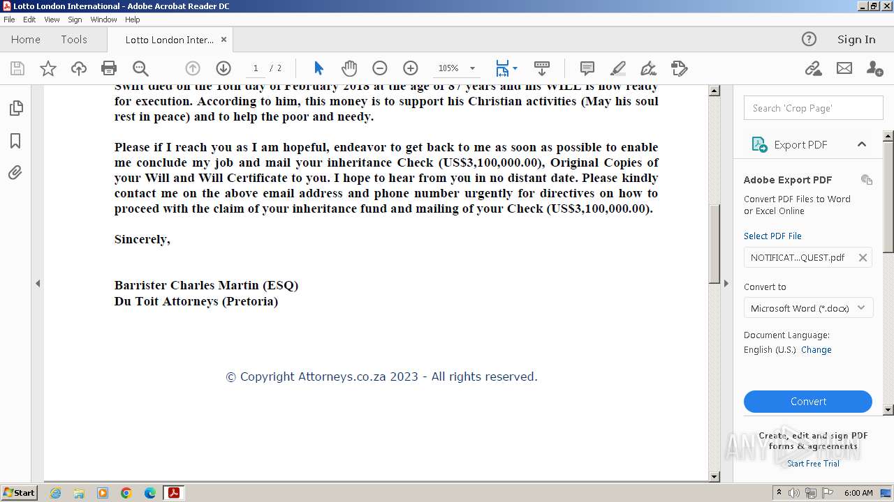 Malware analysis NOTIFICATION OF BEQUEST.pdf No threats detected ANY