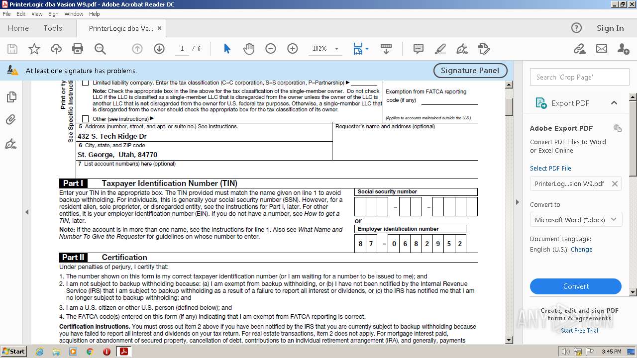 Analysis PrinterLogic Dba Vasion W9 pdf MD5 analysis-printerlogic-dba-vasion-w9-pdf-md5