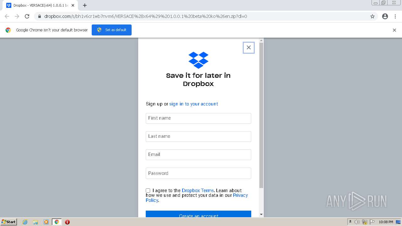 Malware analysis www.dropbox .comsbh1v6cr1wb7nvm6VERSACE%28x64%29%201.0.0.1%20beta%20ko%26en.zip?dl=0  Malicious activity | ANY.RUN - Malware Sandbox Online